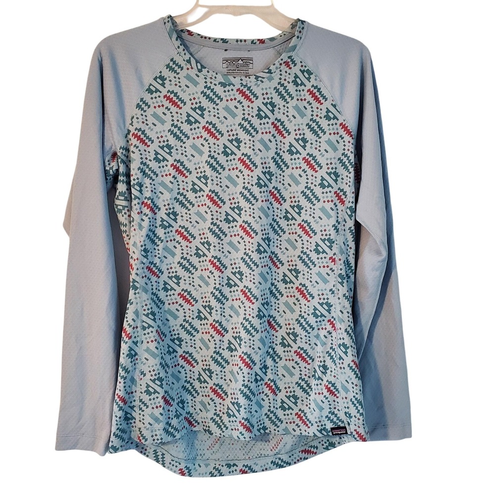 Patagonia Capilene Midweight Shirt Womens Large Blue Pattern Baselayer Hiking
